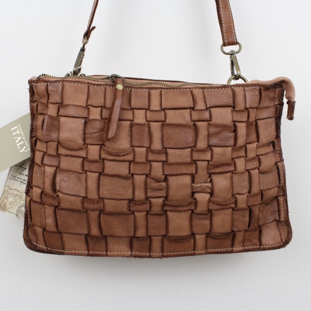 Costanza Rota Brown Woven Genuine Italian Leather Messenger Crossbody Bag NWT